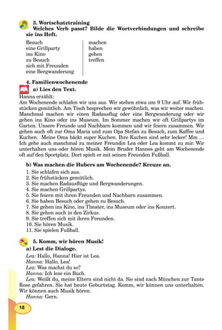 18
3. Wortschatztraining
Welches Verb passt? Bilde die Wortverbindungen und schreibe
sie ins Heft.
Besuch
eine Grillparty
ins Kino
zu Besuch
sich mit Freunden
eine Bergwanderung
machen
haben
gehen
treffen
4. Familienwochenende
a) Lies den Text.
Hanna erzählt:
Am Wochenende schlafen wir uns aus. Wir stehen etwa um 9 Uhr auf. Wir früh-
stücken gemütlich. Am Tisch besprechen wir gewöhnlich, was wir weiter machen.
Manchmal machen wir einen Radausﬂug oder eine Bergwanderung oder wir
gehen ins Kino oder ins Museum. Im Sommer machen wir oft Grillpartys im
Garten. Unsere Freunde und Nachbarn kommen und wir feiern zusammen. Wir
gehen auch oft zur Oma Maria und zum Opa Stefan zu Besuch, zum Kaffee und
Kuchen. Meine Oma bäckt super Kuchen. Ihre Kuchen sind sehr lecker! Mm …
Ich gehe auch manchmal zu meiner Freundin Lea oder Lea kommt zu mir. Wir
unterhalten uns oder hören Musik. Mein Bruder Hannes geht am Wochenende
oft auf den Sportplatz. Dort spielt er mit seinen Freunden Fußball.
b) Was machen die Hubers am Wochenende? Kreuze an.
1. Sie schlafen sich aus.
2. Sie frühstücken gemütlich.
3. Sie machen Radausﬂüge und Bergwanderungen.
4. Sie machen Grillpartys.
5. Sie feiern mit ihren Freunden und Nachbarn zusammen.
6. Sie haben Besuch oder gehen zu Besuch.
7. Sie gehen ins Kino, ins Theater, ins Museum oder ins Konzert.
8. Sie gehen auch in den Zirkus.
9. Sie treffen sich mit ihren Freunden.
10. Sie hören Musik.
11. Sie spielen Fußball.
5. Komm, wir hören Musik!
a) Lest die Dialoge.
Lea: Hallo, Hanna! Hier ist Lea.
Hanna: Hallo, Lea!
Lea: Was machst du so?
Hanna: Ich lese ein Buch.
Lea: Weißt du, meine Eltern sind nicht da. Sie sind nach München zur Tante
Rose gefahren. Sie hat heute Geburtstag. Komm, wir können uns unterhalten.
Wir können auch Musik hören.
Hanna: Gern.
 