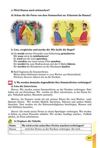 217
c) Wird Hanna auch mitmachen?
d) Schau dir die Fotos von dem Sommerfest an. Erkennst du Hanna?
2. Lies, vergleiche und merke dir. Wie heißt die Regel?
A Ich werde meiner Freundin zum Geburtstag gratulieren.
Mit wem wirst du telefonieren?
Er wird mit dir noch sprechen.
Wir werden uns einen neuen Film ansehen.
Ihr werdet bis zum Stadtzentrum mit der U-Bahn fahren.
Sie werden die Kinokarten an der Kinokasse kaufen.
B Bald beginnen die Sommerferien.
Meine ältere Schwester kommt in zwei Wochen aus Deutschland.
Nächsten Sommer fahren wir an die Nordsee.
3. Wo werden deutsche Jugendliche ihre Sommerferien verbringen?
a) Lies die Interviews.
Hanna: Wir werden unsere Sommerferien an der Nordsee verbringen. Dort
haben wir ein Ferienhaus. Wir werden im Meer schwimmen, in der Sonne lie-
gen, Volleyball spielen, Muscheln sammeln.
Markus: Im Sommer werde ich mit meinen Eltern für zwei Wochen nach
Spanien fahren. Wir werden Madrid, Barcelona, Valencia und andere Städte
besuchen. Dort werden wir die Sehenswürdigkeiten besichtigen, Museen und
alte Schlösser besuchen.
Daniel: Ich werde meine Ferien in einem Sportlager verbringen. Wir werden
in Zelten an einem Flussufer schlafen. Wir werden Ausﬂüge machen, Fußball
spielen, im Fluss schwimmen.
b) Ergänze die Tabelle.
Name Wo wird er/sie seine/ihre Ferien machen/verbringen?
Hanna … wird ihre Ferien an der Nordsee verbringen. Sie wird …
… …
 