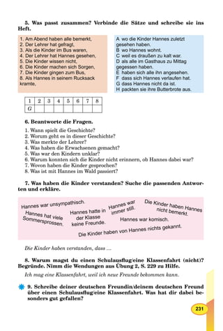 231
5. Was passt zusammen? Verbinde die Sätze und schreibe sie ins
Heft.
1. Am Abend haben alle bemerkt,
2. Der Lehrer hat gefragt,
3. Als die Kinder im Bus waren,
4. Der Lehrer hat Hannes gesehen,
5. Die Kinder wissen nicht,
6. Die Kinder machen sich Sorgen,
7. Die Kinder gingen zum Bus,
8. Als Hannes in seinem Rucksack
kramte,
A wo die Kinder Hannes zuletzt
gesehen haben.
B wo Hannes wohnt.
C weil es draußen zu kalt war.
D als alle im Gasthaus zu Mittag
gegessen haben.
E haben sich alle ihn angesehen.
F dass sich Hannes verlaufen hat.
G dass Hannes nicht da ist.
H packten sie ihre Butterbrote aus.
1 2 3 4 5 6 7 8
G
6. Beantworte die Fragen.
1. Wann spielt die Geschichte?
2. Worum geht es in dieser Geschichte?
3. Was merkte der Lehrer?
4. Was haben die Erwachsenen gemacht?
5. Was war den Kindern unklar?
6. Warum konnten sich die Kinder nicht erinnern, ob Hannes dabei war?
7. Wovon haben die Kinder gesprochen?
8. Was ist mit Hannes im Wald passiert?
7. Was haben die Kinder verstanden? Suche die passenden Antwor-
ten und erkläre.
Hannes hatte in
der Klasse
keine Freunde.
Hannes war unsympathisch.
Hannes war
immer still.
Hannes war komisch.
Die Kinder haben Hannesnicht bemerkt.Hannes hat vieleSommersprossen.
Die Kinder haben von Hannes nichts gekannt.
Die Kinder haben verstanden, dass …
8. Warum magst du einen Schulausﬂug/eine Klassenfahrt (nicht)?
Begründe. Nimm die Wendungen aus Übung 2, S. 229 zu Hilfe.
g g
Ich mag eine Klassenfahrt, weil ich neue Freunde bekommen kann.
9. Schreibe deiner deutschen Freundin/deinem deutschen Freund
über einen Schulausﬂug/eine Klassenfahrt. Was hat dir dabei be-
sonders gut gefallen?
 