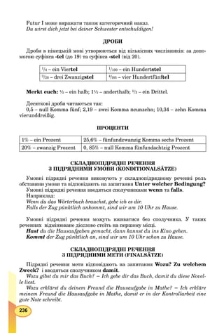 236
Futur I може виражати також категоричний наказ.
Du wirst dich jetzt bei deiner Schwester entschuldigen!
ДРОБИ
Дроби в німецькій мові утворюються від кількісних числівників: за допо-
могою суфікса -tel (до 19) та суфікса -stel (від 20).
1/4 – ein Viertel 1/100 – ein Hundertstel
3/20 – drei Zwanzigstel 4/l05 – vier Hundertfünftelff
Merkt euch: ½ – ein halb; 1½ – anderthalb; 1/3 – ein Drittel.
Десяткові дроби читаються так:
0,5 – null Komma fünf; 2,19 – zwei Komma neunzehn; 10,34 – zehn Komma
vierunddreißig.
ПРОЦЕНТИ
1% – ein Prozent 25,6% – fünfundzwanzig Komma sechs Prozent
20% – zwanzig Prozent 0, 85% – null Komma fünfundachtzig Prozent
СКЛАДНОПІДРЯДНІ РЕЧЕННЯ
З ПІДРЯДНИМИ УМОВИ (KONDITIONALSÄTZE)
Д Д Д
Умовні підрядні речення виконують у складнопідрядному реченні роль
обставини умови та відповідають на запитання Unter welcher Bedingung?
Умовні підрядні речення вводяться сполучниками wenn та falls.
Наприклад:
Wenn du das Wörterbuch brauchst, gebe ich es dir.
Falls der Zug pünktlich ankommt, sind wir um 10 Uhr zu Hause.
Умовні підрядні речення можуть вживатися без сполучника. У таких
реченнях відмінюване дієслово стоїть на першому місці.
Hast du die Hausaufgaben gemacht, dann kannst du ins Kino gehen.
Kommt der Zug pünktlich an, sind wir um 10 Uhr schon zu Hause.
СКЛАДНОПІДРЯДНІ РЕЧЕННЯ
З ПІДРЯДНИМИ МЕТИ (FINALSÄTZE)
Д Д Д
Підрядні речення мети відповідають на запитання Wozu? Zu welchem
Zweck? і вводяться сполучником damit.
Wozu gibst du mir das Buch? − Ich gebe dir das Buch, damit du diese Novel-
le liest.
Wozu erklärst du deinem Freund die Hausaufgabe in Mathe? − Ich erkläre
meinem Freund die Hausaufgabe in Mathe, damit er in der Kontrollarbeit eine
gute Note schreibt.
 