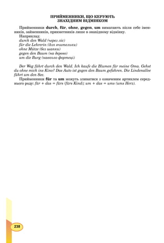 238
ПРИЙМЕННИКИ, ЩО КЕРУЮТЬ
ЗНАХІДНИМ ВІДМІНКОМ
Прийменники durch, für, ohne, gegen, um вимагають після себе імен-
ників, займенників, прикметників лише в знахідному відмінку.
Наприклад:
durch den Wald (через ліс)
für die Lehrerin (для вчительки)
ohne Mütze (без шапки)
gegen den Baum (на дерево)
um die Burg (навколо фортеці)
Der Weg führt durch den Wald. Ich kaufe die Blumen für meine Oma. Gehst
du ohne mich ins Kino? Das Auto ist gegen den Baum gefahren. Die Lindenallee
führt um den See.
Прийменники für та um можуть зливатися з означеним артиклем серед-
нього роду: für + das = fürs (fürs Kind); um + das = ums (ums Herz).
 
