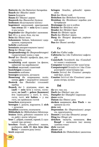 242
Batterie die (die Batterien) батарейка
Bauch der (Bäuche) живіт
bauen будувати
Baum der (Bäume) дерево
Bauwerk das (Bauwerke) будівля
bedienen обслуговувати (когось)
begeistert захоплений; пристрасний;
von etwas (D) ~ sein бути в захва-
ті від чогось
Begründer der (Begründer) засновник
bei (D) у, в, коло, біля, під час
Bein das (Beine) нога
bekommen (bekam, bekommen) одер-
жувати; отримувати
beliebt улюблений
benutzen використовувати (щось)
Berg der (Berge) гора
Bergwanderung die (Bergwanderungen)
(туристичний) похід у гори
Beruf der (Berufe) професія; фах, спе-
ціальність
berufstätig який працює (за фахом;
зайнятий (на виробництві)
berühmt видатний; славетний
besichtigen оглядати
besonders особливо
besorgen купувати, діставати
Besserung die покращення; поліп-
шення; gute ~ видужуй(те) швидше!
Besteck das (Bestecke) (столовий)
прибор
Besuch der 1. відвідини, візит; zu
[auf] ~ sein бути в гостях, гостю-
вати; zu [auf] ~ gehen [kommen]
йти [приходити] у гості; 2. гість,
гостя; гості; wir haben ~ у нас
гості, ми приймаємо гостей
besuchen відвідувати
bewegen 1. рухати, ворушити; 2. sich
~ рухатися
bezahlen платити; сплачувати
Bibliothek die (Bibliotheken) бібліотекаk
braten (briet, gebraten) смажити (м’я-
со, рибу); пекти (яблука)
brav 1. добрий, славний, гарний; 2. слух-
няний (про дитину)
brechen (brach, gebrochen) ламати,
розбивати; sich (D) den Arm [das
Bein] ~ зламати руку [ногу]
breit широкий
bringen (brachte, gebracht) прино-
сити
Brot das (Brote) хліб
Brötchen das (Brötchen) булочка
Brotdose die (Brotdosen) коробка для
бутербродів
Brotsuppe die суп із хлібом
Brücke die (Brücken) міст
Bruder der (Brüder) брат
Brust die (Brüste) груди
Buch das (Bücher) книга
Burg die (Burgen) фортеця; укріпле-g
ний замок
Bus der (Busse) автобус
Сс
Café das (Cafés) кафе
Cafeteria [a ka-] die (Cafeterien) кафете-
рій
Comicheft [’kOmikheft] das (Comichef-
te) зошит з коміксами
Computer [kOmp’ju:tər] der комп’ютер
Computerspiel [kOmp’ju:tər-] das (Com-
puterspiele) комп’ютерна гра
Cousin [ku’zεŋ] der (Cousins) двоюрід-
ний брат, кузен
Cousine [ku’zi:nə] die (Cousinen) двою-
рідна сестра, кузина
Dd
da тут; там; ось
Dach das (Dächer) дах; дім
Dampfer der (Dampfer) пароплав
dann потім
Datum das (Daten) дата
decken накривати; den Tisch ~ на-
кривати на стіл
dein твій
Depression die (Depressionen) депре-
сія, пригніченість
Dessert [-’sεrt] das (Desserts) десерт
Ding das (Dinge) річ
drücken тиснути, натискати; den
Knopf ~ натискати (на) кнопку
(дзвінка тощо)
dick товстий
dieser цей
Diskothek die (Diskotheken) дискотека
 