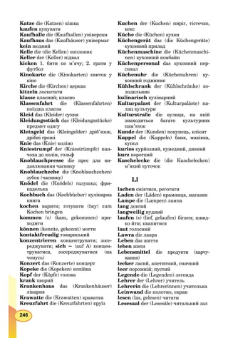 246
Katze die (Katzen) кішка
kaufen купувати
Kaufhalle die (Kaufhallen) універсам
Kaufhaus das (Kaufhäuser) універмаг
kein жодний
Kelle die (die Kellen) ополоник
Keller der (Keller) підвал
kicken 1. бити по м’ячу; 2. грати у
футбол
Kinokarte die (Kinokarten) квиток у
кіно
Kirche die (Kirchen) церква
kitzeln лоскотати
klasse класний; класно
Klassenfahrt die (Klassenfahrten)
поїздка класом
Kleid das (Kleider) сукня
Kleidungsstück das (Kleidungsstücke)k
предмет одягу
Kleingeld das (Kleingelder) дріб’язок,
дрібні гроші
Knie das (Knie) коліно
Kniestrumpf der (Kniestrümpfe) пан-
чоха до колін, гольф
Knoblauchpresse die прес для ви-
давлювання часнику
Knoblauchzehe die (Knoblauchzehen)
зубок (часнику)
Knödel die (Knödels) галушка; фри-
каделька
Kochbuch das (Kochbücher) кулінарна
книга
kochen варити; готувати (їжу) zum
Kochen bringen
kommen (s) (kam, gekommen) при-
ходити
können (konnte, gekonnt) могти
kontaktfreudig товариськийg
konzentrieren концентрувати; зосе-
реджувати; sich ~ (auf A) концен-
труватися, зосереджуватися (на
чомусь)
Konzert das (Konzerte) концерт
Kopeke die (Kopeken) копійка
Kopf der (Köpfe) голова
krank хворий
Krankenhaus das (Krankenhäuser)
лікарня
Krawatte die (Krawatten) краватка
Kreuzfahrt die (Kreuzfahrten) круїз
Kuchen der (Kuchen) пиріг, тістечко,
кекс
Küche die (Küchen) кухня
Küchengerät das (die Küchengeräte)
кухонний прилад
Küchenmaschine die (Küchenmaschi-
nen) кухонний комбайн
Küchenpersonal das кухонний пер-
сонал
Küchenuhr die (Küchenuhren) ку-
хонний годинник
Kühlschrank der (Kühlschränke) хо-
лодильник
kulinarisch кулінарний
Kulturpalast der (Kulturpaläste) па-
лац культури
Kulturstraße die вулиця, на якій
знаходиться багато культурних
пам’яток
Kunde der (Kunden) покупець, клієнт
Kuppel die (Kuppeln) баня, маківка,
купол
kurios курйозний, кумедний, дивний
kurz короткий
Kuschelecke die (die Kuschelecken)
м’який куточок
Ll
lachen сміятися, реготати
Laden der (Läden) крамниця, магазин
Lampe die (Lampen) лампа
lang довгий
langweilig нудний
laufen (s) (lief, gelaufen) бігати; швид-
ко йти; квапитися
laut голосний
Lawra die лавра
Leben das життя
leben жити
Lebensmittel die продукти (харчу-
вання)
lecker ласий, апетитний, смачний
leer порожній; пустий
Legende die (Legenden) легенда
Lehrer der (Lehrer) учитель
Lehrerin die (Lehrerinnen) учителька
Leinwand die полотно, екран
lesen (las, gelesen) читати
Lesesaal der (Lesesäle) читальний зал
 