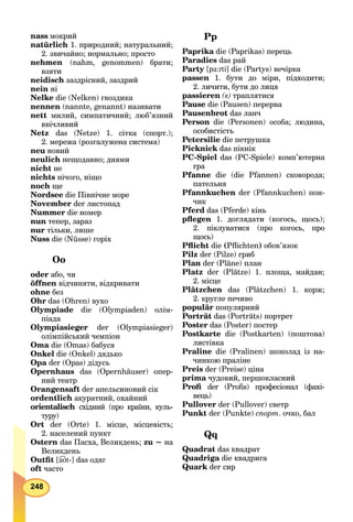 248
nass мокрий
natürlich 1. природний; натуральний;
2. звичайно; нормально; просто
nehmen (nahm, genommen) брати;
взяти
neidisch заздрісний, заздрий
nein ні
Nelke die (Nelken) гвоздика
nennen (nannte, genannt) називати
nett милий, симпатичний; люб’язний
ввічливий
Netz das (Netze) 1. сітка (спорт.);
2. мережа (розгалужена система)
neu новий
neulich нещодавно; днями
nicht не
nichts нічого, ніщо
noch ще
Nordsee die Північне море
November der листопад
Nummer die номер
nun тепер, зараз
nur тільки, лише
Nuss die (Nüsse) горіх
Oo
oder або, чи
öffnen відчиняти, відкривати
ohne без
Ohr das (Ohren) вухо
Olympiade die (Olympiaden) олім-
піада
Olympiasieger der (Olympiasieger)
олімпійський чемпіон
Oma die (Omas) бабуся
Onkel die (Onkel) дядько
Opa der (Opas) дідусь
Opernhaus das (Opernhäuser) опер-
ний театр
Orangensaft der апельсиновий сік
ordentlich акуратний, охайний
orientalisch східний (про країни, куль-
туру)
Ort der (Orte) 1. місце, місцевість;
2. населений пункт
Ostern das Пасха, Великдень; zu ~ на
Великдень
Outﬁt [aot-] das одяг
оft часто
Pp
Paprika die (Paprikas) перецьa
Paradies das рай
Party [pa:rti] die (Partys) вечірка
passen 1. бути до міри, підходити;
2. личити, бути до лиця
passieren (s) траплятися
Pause die (Pausen) перерва
Pausenbrot das ланч
Person die (Personen) особа; людина,
особистість
Petersilie die петрушка
Picknick das пікнікk
PC-Spiel das (PC-Spiele) комп’ютерна
гра
Pfanne die (die Pfannen) сковорода;
пательня
Pfannkuchen der (Pfannkuchen) пон-
чик
Pferd das (Pferde) кінь
pﬂegen 1. доглядати (когось, щось);
2. піклуватися (про когось, про
щось)
Pﬂicht die (Pﬂichten) обов’язок
Pilz der (Pilze) гриб
Plan der (Pläne) план
Platz der (Plätze) 1. площа, майдан;
2. місце
Plätzchen das (Plätzchen) 1. корж;
2. кругле печиво
populär популярний
Porträt das (Porträts) портрет
Poster das (Poster) постер
Postkarte die (Postkarten) (поштова)
листівка
Praline die (Pralinen) шоколад із на-
чинкою праліне
Preis der (Preise) ціна
prima чудовий, першокласний
Proﬁ der (Proﬁs) професіонал (фахі-
вець)
Pullover der (Pullover) светр
Punkt der (Punkte) спорт. очко, бал
Qq
Quadrat das квадрат
Quadriga die квадрига
Quark der cирk
 