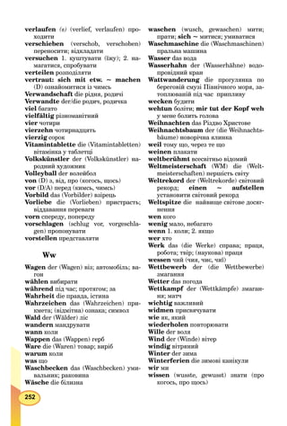 252
verlaufen (s) (verlief, verlaufen) про-
ходити
verschieben (verschob, verschoben)
переносити; відкладати
versuchen 1. куштувати (їжу); 2. на-
магатися, спробувати
verteilen розподіляти
vertraut: sich mit etw. ~ machen
(D) ознайомитися із чимсь
Verwandschaft die рідня, родичі
Verwandte der/die родич, родичка
viel багато
vielfältig різноманітний
vier чотири
vierzehn чотирнадцять
vierzig сорокg
Vitamintablette die (Vitamintabletten)
вітамінка у таблетці
Volkskünstler der (Volkskünstler) на-
родний художник
Volleyball der волейбол
von (D) з, від, про (когось, щось)
vor (D/A) перед (кимсь, чимсь)
Vorbild das (Vorbilder) взірець
Vorliebe die (Vorlieben) пристрасть;
віддавання переваги
vorn спереду, попереду
vorschlagen (schlug vor, vorgeschla-
gen) пропонувати
vorstellen представляти
Ww
Wagen der (Wagen) віз; автомобіль; ва-
гон
wählen вибирати
während під час; протягом; за
Wahrheit die правда, істина
Wahrzeichen das (Wahrzeichen) при-
кмета; (відмітна) ознака; символ
Wald der (Wälder) ліс
wandern мандрувати
wann коли
Wappen das (Wappen) герб
Ware die (Waren) товар; виріб
warum коли
was що
Waschbecken das (Waschbecken) уми-
вальник; раковина
Wäsche die білизна
waschen (wusch, gewaschen) мити;
прати; sich ~ митися; умиватися
Waschmaschine die (Waschmaschinen)
пральна машина
Wasser das вода
Wasserhahn der (Wasserhähne) водо-
провідний кран
Wattwanderung die прогулянка по
береговій смузі Північного моря, за-
топлюваній під час припливу
wecken будити
wehtun боліти; mir tut der Kopf weh
у мене болить голова
Weihnachten das Різдво Христове
Weihnachtsbaum der (die Weihnachts-
bäume) новорічна ялинка
weil тому що, через те що
weinen плакати
weltberühmt всесвітньо відомий
Weltmeisterschaft (WM) die (Welt-
meisterschaften) першість світу
Weltrekord der (Weltrekorde) світовий
рекорд; einen ~ aufstellen
установити світовий рекорд
Weltspitze die найвище світове досяг-
нення
wen кого
wenig мало, небагато
wenn 1. коли; 2. якщо
wer хто
Werk das (die Werke) справа; праця,
робота; твір; (наукова) праця
wessen чий (чия, чиє, чиї)
Wettbewerb der (die Wettbewerbe)
змагання
Wetter das погода
Wettkampf der (Wettkämpfe) змаган-
ня; матч
wichtig важливийg
widmen присвячувати
wie як, який
wiederholen повторювати
Wille der воля
Wind der (Winde) вітер
windig вітряний
Winter der зима
Winterferien die зимові канікули
wir ми
wissen (wusste, gewusst) знати (про
когось, про щось)
 