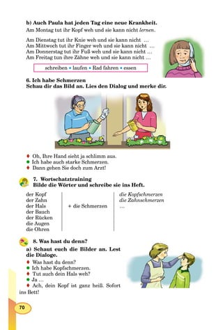 70
b) Auch Paula hat jeden Tag eine neue Krankheit.
Am Montag tut ihr Kopf weh und sie kann nicht lernen.
Am Dienstag tut ihr Knie weh und sie kann nicht …
Am Mittwoch tut ihr Finger weh und sie kann nicht …
Am Donnerstag tut ihr Fuß weh und sie kann nicht …
Am Freitag tun ihre Zähne weh und sie kann nicht …
schreiben  laufen  Rad fahren  essen
6. Ich habe Schmerzen
Schau dir das Bild an. Lies den Dialog und merke dir.
Oh, Ihre Hand sieht ja schlimm aus.
Іch habe auch starke Schmerzen.
Dann gehen Sie doch zum Arzt!
7. Wortschatztraining
Bilde die Wörter und schreibe sie ins Heft.
der Kopf
der Zahn
der Hals
der Bauch
der Rücken
die Augen
die Ohren
+ die Schmerzen
die Kopfschmerzen
die Zahnschmerzen
…
8. Was hast du denn?
a) Schaut euch die Bilder an. Lest
die Dialoge.
Was hast du denn?
Ich habe Kopfschmerzen.
Tut auch dein Hals weh?
Ja …
Ach, dein Kopf ist ganz heiß. Sofort
ins Bett!
 