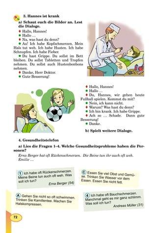 72
3. Hannes ist krank
a) Schaut euch die Bilder an. Lest
die Dialoge.
Hallo, Hannes!
Hallo …
Na, was hast du denn?
Au! Ich habe Kopfschmerzen. Mein
Hals tut weh. Ich habe Husten. Ich habe
Schnupfen. Ich habe Fieber.
Du hast Grippe. Du sollst im Bett
bleiben. Du sollst Tabletten und Tropfen
nehmen. Du sollst auch Hustenbonbons
nehmen.
Danke, Herr Doktor.
Gute Besserung!
Hallo, Hannes!
Hallo …
Du, Hannes, wir gehen heute
Fußball spielen. Kommst du mit?
Nein, ich kann nicht.
Warum? Was hast du denn?
Ich bin krank. Ich habe Grippe.
Ach so … Schade. Dann gute
Besserung!
Danke.
b) Spielt weitere Dialoge.
4. Gesundheitstelefon
a) Lies die Fragen 1–4. Welche Gesundheitsprobleme haben die Per-
sonen?
Erna Berger hat oft Rückenschmerzen. Die Beine tun ihr auch oft weh.
Emilie …
4 Ich habe oft Bauchschmerzen.
Manchmal geht es mir ganz schlimm.
Was soll ich tun?
Andreas Müller (31)
A Gehen Sie nicht so oft schwimmen.
Trinken Sie Kamillentee. Machen Sie
Halskompressen.
1 Ich habe oft Rückenschmerzen.
Meine Beine tun auch oft weh. Was
soll ich tun?
Erna Berger (54)
C Essen Sie viel Obst und Gemü-se. Trinken Sie Wasser vor demEssen. Essen Sie nicht fett.
 
