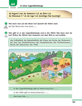 159
Stunde
64 In einer Jugendherberge
die Gegend (-en), die Stadtmitte (-n), der Blick (-e),
der Diskoraum (-’’-e), die Lage (-n), besichtigen (hat besichtigt)
 Was kann man auf der Reise tun? Sprecht der Reihe nach.
Auf der Reise kann man lesen, ... .
 Was gibt es in der Jugendherberge und in der Nähe? Was kann man da
tun? Ordne die Wörter den Nummern auf dem Bild zu und erzähle.
das Fußballfeld, das Basketballfeld, die Wiese, die Küche, der Diskoraum,
der See, das Zweibettzimmer, das Vierbettzimmer, der Tischtennisraum,
Boote, der Speiseraum, der Wald
In der Jugendherberge gibt es einen/eine/ein/- ... .
In der Nähe gibt es einen/eine/ein/- ... .
Man kann hier ... .
 