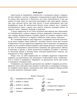 5
Любі друзі!
Цього року ви продовжите знайомство з німецькою мовою, з людьми,
які нею говорять, з життям і традиціями німецькомовних країн. Ви дізнаєтеся,
як живуть ваші однолітки в Німеччині, чим вони захоплюються й про що
мріють. В свою чергу ви навчитеся розповідати про своїх друзів і рідних,
про своє шкільне життя, про своє житло й місце проживання, про свої
вподобання тощо. Ви вивчатимете багато інших цікавих тем і зможете
поспілкуватися одне з одним про заняття спортом, кулінарні звички та
покупки, свята і традиції, природу та довкілля.
У цьому підручнику ви не тільки зустрінете вже відомих вам персонажів,
а й познайомитеся з новими людьми, містами, традиціями й звичаями німець-
кого народу. Використовуючи матеріал уроків, ви зможете порівняти різні
сфери життя в Німеччині та Україні й збагатити себе новими знаннями.
Як і попередні видання, цей підручник є складовою частиною комплек-
ту, до якого входять також робочий і тестовий зошити, книга для читання
й аудіозаписи. В кінці підручника подаються тексти записаних на аудіодиску
вправ, які ви зможете використовувати, щоб краще розуміти німецьку мову
на слух. В опрацюванні граматичного матеріалу вам допоможуть таблиці
й приклади в уроках, а також граматичний довідник. В роботі з текстами
та лексикою уроків в пригоді стане німецько-український словник, що
знаходиться в кінці підручника.
Окрім того, на сайті видавництва ви знайдете додаткові інтерактивні
завдання, що допоможуть вам розширити словниковий запас, потренува-
тися в читанні й аудіюванні, перевірити за допомогою тестів свої успіхи
в опануванні німецької мови.
Сподіваюся, що підручник допоможе вам зробити подорож до різно-
барвного світу німецької мови цікавою та веселою й, опанувавши німецьку,
ви знайдете нових друзів і розширите коло своїх інтересів. Бажаю успіхів
на шляху вивчення німецької мови!
Авторка
Умовні позначки:
— індивідуальна робота;
— робота в парах;
— робота в групах;
— вправи з аудіювання;
— читання;
— письмо;
— гра;
— інтерактивні завдання.
— домашнє завдання.
 
