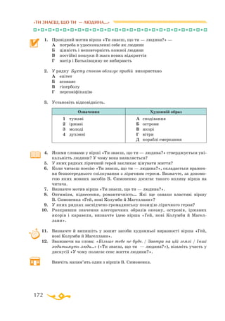 172
«ТИ ЗНАЄШ, ЩО ТИ — ЛЮДИНА...»
1.	 Провідний мотив вірша «Ти знаєш, що ти — людина?» —
	 А	 потреба в удосконаленні себе як людини
	 Б	 цінність і неповторність кожної людини
	 В	 постійні пошуки й жага нових відкриттів
	 Г	 матір і Батьківщину не вибирають
2.	 У рядку Бухту спокою облизує прибій використано
	 А	 епітет
	 Б	 асонанс
	 В	 гіперболу
	 Г	 персоніфікацію
3.	 Установіть відповідність.
Означення Художній образ
1	 ту­жа­ві
2	 ір­жа­ві
3	 мо­ло­ді
4	 ду­хов­ні
А	 спо­ді­ван­ня
Б	 ост­ро­ви
В	 яко­рі
Г	 віт­ри
Д	 ко­раб­лі	смер­кан­ня
4.	 Якими словами у вірші «Ти знаєш, що ти — людина?» стверджується уні­
кальність людини? У чому вона виявляється?
5.	 У яких рядках ліричний герой закликає цінувати життя?
6.	 Коли читаєш поезію «Ти знаєш, що ти — людина?», складається вражен­
ня безпосереднього спілкування з ліричним героєм. Визначте, за допомо­
гою яких мовних засобів В. Симоненко досягає такого впливу вірша на
читача.
7.	 Визначте мотив вірша «Ти знаєш, що ти — людина?».
8.	 Оптимізм, піднесення, романтичність… Які ще ознаки властиві віршу
В. Симоненка «Гей, нові Колумби й Магеллани»?
9.	 У яких рядках засвідчено громадянську позицію ліричного героя?
10.	 Розкривши значення алегоричних образів океану, островів, іржавих
якорів і каравели, визначте ідею вірша «Гей, нові Колумби й Ма­­гел­
лани».
11.	 Визначте й випишіть у зошит засоби художньої виразності вірша «Гей,
нові Колумби й Магеллани».
12.	 Зважаючи на слова: «Більше тебе не буде. / Завтра на цій землі / Інші
ходитимуть люди…» («Ти знаєш, що ти — людина?»), візьміть участь у
дискусії «У чому полягає сенс життя людини?».
	 Вивчіть напам’ять один з віршів В. Симоненка.
 