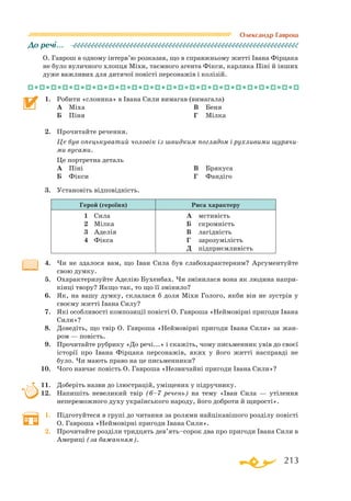 213
Олександр Гаврош
О. Гаврош в одному інтерв’ю розказав, що в справжньому житті Івана Фірцака
не було вуличного хлопця Міхи, таємного агента Фікси, карлика Піні й інших
дуже важливих для дитячої повісті персонажів і колізій.
1.	 Робити «слоника» в Івана Сили вимагав (вимагала)
	 А	 Міха
	 Б	 Піня
	 В	 Беня
	 Г	 Мілка
2.	 Прочитайте речення.
	 Це був опецькуватий чоловік із швидким поглядом і рухливими щурячи-
ми вусами.
	 Це портретна деталь
	 А	 Піні
	 Б	 Фікси
	 В	 Брякуса	
	 Г	 Фандіго
3.	 Установіть відповідність.
Герой (героїня) Риса характеру
1	 Сила
2	 Мілка
3	 Аделія
4	 Фікса
А	 мстивість
Б	 скромність
В	 лагідність
Г	 зарозумілість
Д	 підприємливість
4.	 Чи не здалося вам, що Іван Сила був слабохарактерним? Аргументуйте
свою думку.
5.	 Охарактеризуйте Аделію Бухенбах. Чи змінилася вона як людина напри­
кінці твору? Якщо так, то що її змінило?
6.	 Як, на вашу думку, склалася б доля Міхи Голого, якби він не зустрів у
своєму житті Івана Силу?
7.	 Які особливості композиції повісті О. Гавроша «Неймовірні пригоди Івана
Сили»?
8.	 Доведіть, що твір О. Гавроша «Неймовірні пригоди Івана Сили» за жан­
ром — повість.
9.	 Прочитайте рубрику «До речі...» і скажіть, чому письменник увів до своєї
історії про Івана Фірцака персонажів, яких у його житті насправді не
було. Чи мають право на це письменники?
10.	 Чого навчає повість О. Гавроша «Незвичайні пригоди Івана Сили»?
11.	 Доберіть назви до ілюстрацій, уміщених у підручнику.
12.	 Напишіть невеликий твір (6–7 речень) на тему «Іван Сила — утілення
непереможного духу українського народу, його доброти й щирості».
1.	 Підготуйтеся в групі до читання за ролями найцікавішого розділу повісті
О. Гавроша «Неймовірні пригоди Івана Сили».
2.	 Прочитайте розділи тридцять дев’ять–сорок два про пригоди Івана Сили в
Америці (за бажанням).
До речі…
 