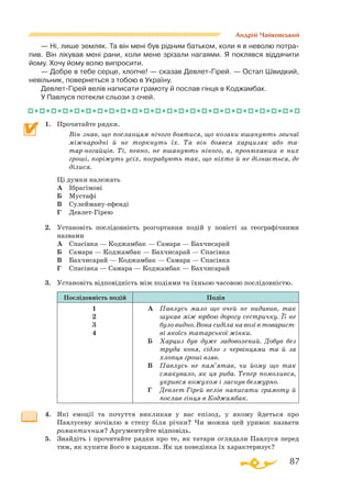 87
Андрій Чайковський
— Ні, лише земляк. Та він мені був рідним батьком, коли я в неволю потра­
пив. Він лікував мені рани, коли мене зрізали нагаями. Я поклявся віддячити
йому. Хочу йому волю випросити.
— Добре в тебе серце, хлопче! — сказав ДевлетГірей. — Остап Швидкий,
невільник, повернеться з тобою в Україну.
ДевлетГірей велів написати грамоту й послав гінця в Коджамбак.
У Павлуся потекли сльози з очей.
1.	 Прочитайте рядки.
	
Він знав, що посланцям нічого боятися, що козаки вшанують звичаї
міжнародні й не торкнуть їх. Та він боявся харцизяк або та­­
тарногайців. Ті, певно, не вшанують нікого, а, пронюхавши в них
гроші, поріжуть усіх, пограбують так, що ніхто й не дізнається, де
ділися. 
Ці думки належать
	
А	 Ібрагімові
	
Б	 Мустафі
	
В	 Сулеймануефенді
	
Г	 ДевлетГірею
2.	 Установіть послідовність розгортання подій у повісті за географічними
назвами
	
А	 Спасівка — Коджамбак — Самара — Бахчисарай
	 Б	 Самара — Коджамбак — Бахчисарай — Спасівка
	 В	 Бахчисарай — Коджамбак — Самара — Спасівка
	
Г	 Спасівка — Самара — Коджамбак — Бахчисарай
3.	 Установіть відповідність між подіями та їхньою часовою послідовністю.
Послідовність подій Подія
1
2
3
4
А	 Пав­лусь ма­ло що очей не ви­ди­вив, так
шу­кав між юр­бою до­ро­гу сес­трич­ку. Її не
бу­ло вид­но. Во­на си­ді­ла на во­зі в то­ва­рис­т-
ві яко­їсь та­тар­ської жін­ки.
Б	 Хар­циз був ду­же за­до­во­ле­ний. До­був без
тру­да ко­ня, сід­ло з чер­він­ця­ми та й за
хлоп­ця гро­ші взяв.
В	 Пав­лусь не пам’ятав, чи йо­му що так
сма­ку­ва­ло, як ця ри­ба. Те­пер по­мо­лив­ся,
укрив­ся ко­жу­хом і за­снув без­жур­но.
Г	 Дев­лет­Гі­рей ве­лів написати гра­моту й
послав гінця в Коджамбак.
4.	 Які емоції та почуття викликав у вас епізод, у якому йдеться про
Павлусеву ночівлю в степу біля річки? Чи можна цей уривок назвати
романтичним? Аргументуйте відповідь.
5.	 Знайдіть і прочитайте рядки про те, як татари оглядали Павлуся перед
тим, як купити його в харцизи. Як ця поведінка їх характеризує?
 