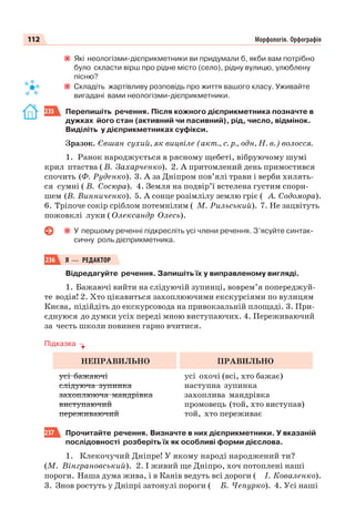 112 Морфологія. Орфографія
Які неологізми-дієприкметники ви придумали б, якби вам потрібно
було скласти вірш про рідне місто (село), рідну вулицю, улюблену
пісню?
Складіть жартівливу розповідь про життя вашого класу. Уживайте
вигадані вами неологізми-дієприкметники.
235 Перепишіть речення. Після кожного дієприкметника позначте в
дужках його стан (активний чи пасивний), рід, число, відмінок.
Виділіть у дієприкметниках суфікси.
Зразок. Євшан сухий, як вицвіле (акт., с. р., одн, Н. в.) волосся.
1. Ранок народжується в рясному щебеті, вібруючому шумі
крил птаства ( В. Захарченко). 2. А притомлений день примостився
спочить (Ф. Руденко). 3. А за Дніпром пов’ялі трави і верби хилять-
ся сумні ( В. Сосюра). 4. Земля на подвір’ї встелена густим спори-
шем (В. Винниченко). 5. А сонце розімлілу землю гріє ( А. Содомора).
6. Тріпоче сокір сріблом потемнілим ( М. Рильський). 7. Не зацвітуть
пожовклі луки ( Олександр Олесь).
У першому реченні підкресліть усі члени речення. З’ясуйте синтак-
сичну роль дієприкметника.
236 Я — РЕДАКТОР
Відредагуйте речення. Запишіть їх у виправленому вигляді.
1. Бажаючі вийти на слідуючій зупинці, воврем’я попереджуй-
те водія! 2. Хто цікавиться захоплюючими екскурсіями по вулицям
Києва, підійдіть до екскурсовода на привокзальній площаді. 3. При-
єднуюся до думки усіх переді мною виступаючих. 4. Переживаючий
за честь школи повинен гарно вчитися.
Підказка
НЕПРАВИЛЬНО ПРАВИЛЬНО
усі бажаючі
слідуюча зупинка
захоплююча мандрівка
виступаючий
переживаючий
усі охочі (всі, хто бажає)
наступна зупинка
захоплива мандрівка
промовець (той, хто виступав)
той, хто переживає
237 Прочитайте речення. Визначте в них дієприкметники. У вказаній
послідовності розберіть їх як особливі форми дієслова.
1. Клекочучий Дніпре! У якому народі народжений ти?
(М. Вінграновський). 2. І живий ще Дніпро, хоч потоплені наші
пороги. Наша дума жива, і в Канів ведуть всі дороги ( І. Коваленко).
3. Знов ростуть у Дніпрі затонулі пороги ( Б. Чепурко). 4. Усі наші
 