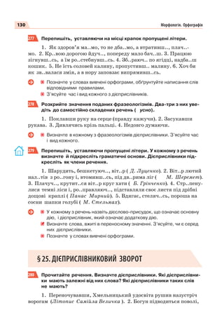 130 Морфологія. Орфографія
277 Перепишіть, уставляючи на місці крапок пропущені літери.
1. Як здоров’я ма..мо, то не дба..мо, а втративш.., плач..-
мо. 2. Кр..вою дорогою йдуч.., попереду мало бач..ш. 3. Працюю
зігнувш..сь, а їм ро..стебнувш..сь. 4. Зб..раюч.. по ягідці, надба..ш
кошик. 5. Не їсть соловей калину, пропустивш.. малину. 6. Хоч би
як зв..валася змія, а в нору заповзає випрямивш..сь.
Позначте у словах вивчені орфограми, обґрунтуйте написання слів
відповідними правилами.
З’ясуйте час і вид кожного з дієприслівників.
278 Розкрийте значення поданих фразеологізмів. Два-три з них уве-
діть до самостійно складених речень ( усно).
1. Поклавши руку на серце (правду кажучи). 2. Засукавши
рукава. 3. Дивлячись крізь пальці. 4. Недовго думаючи.
Визначте в кожному з фразеологізмів дієприслівники. З’ясуйте час
і вид кожного.
279 Перепишіть, уставляючи пропущені літери. У кожному з речень
визначте й підкресліть граматичні основи. Дієприслівники під-
кресліть як члени речення.
1. Шарудить, бешкетуюч.., віт..р ( Д. Луценко). 2. Віт..р лютий
нал..тів з ро..гону і, втомивш..сь, під дв..рима ліг ( М. Шеремет).
3. Плачуч.., крутит..ся віт..р круг хати ( Б. Грінченко). 4. Стр..пену-
лися темні ліси і, ро..правляюч.., підставляли своє листя під дрібні
дощові краплі ( Панас Мирний). 5. Вдягає, стеляч..сь, пороша на
сосни шапки голубі ( М. Стельмах).
У кожному з речень назвіть дієслово-присудок, що означає основну
дію, і дієприслівник, який означає додаткову дію.
Визначте слова, вжиті в переносному значенні. З’ясуйте, чи є серед
них дієприслівники.
Позначте у словах вивчені орфограми.
§25. ДІЄПРИСЛІВНИКОВИЙ ЗВОРОТ
280 Прочитайте речення. Визначте дієприслівники. Які дієприслівни-
ки мають залежні від них слова? Які дієприслівники таких слів
не мають?
1. Переночувавши, Хмельницький удосвіта рушив назустріч
ворогам (Літопис Самійла Величка ). 2. Богун підводиться поволі,
 