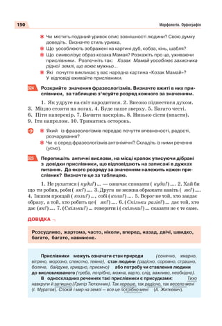 150 Морфологія. Орфографія
Чи містить поданий уривок опис зовнішності людини? Свою думку
доведіть. Визначте стиль уривка.
Що уособлюють зображені на картині дуб, кобза, кінь, шабля?
Що символізує образ козака Мамая? Розкажіть про це, уживаючи
прислівники. Розпочніть так: Козак Мамай уособлює захисника
рідної землі, що воює мужньо…
Які почуття викликає у вас народна картина «Козак Мамай»?
У відповіді вживайте прислівники.
324 Розкрийте значення фразеологізмів. Визначте вжиті в них при-
слівники, за таблицею з’ясуйте розряд кожного за значенням.
1. Як удруге на світ народитися. 2. Високо піднестися духом.
3. Міцно стояти на ногах. 4. Буде наше зверху. 5. Багато честі.
6. Піти наперекір. 7. Бачити наскрізь. 8. Низько сісти (впасти).
9. Іти напролом. 10. Триматись осторонь.
Який із фразеологізмів передає почуття впевненості, радості,
розчарування?
Чи є серед фразеологізмів антонімічні? Складіть із ними речення
(усно).
325 Перепишіть античні вислови, на місці крапок уписуючи дібрані
з довідки прислівники, що відповідають на записані в дужках
питання. До якого розряду за значенням належить кожен при-
слівник? Визначте це за таблицею.
1. Не рухатися ( куди?)… — означає сповзати ( куди?)…. 2. Хай би
що ти робив, роби ( як?)…. 3.Друга не можна ображати навіть ( як?)….
4. Іншим прощай ( коли?)…, собі (коли?)…. 5. Ворог не той, хто завдає
образу, а той, хто робить це ( як?)…. 6. (Скільки разів?)… дає той, хто
дає (як?)…. 7. (Скільки?)… говорити і ( скільки?)… сказати не є те саме.
ДОВІДКА
Розсудливо, жартома, часто, ніколи, вперед, назад, двічі, швидко,
багато, багато, навмисне.
Прислівники можуть означати стан природи (сонячно, хмарно,
вітряно, морозно, спекотно, темно), стан людини (радісно, соромно, страшно,
боляче, байдуже, кривдно, приємно) або потребу чи ставлення людини
до висловлюваного (треба, потрібно, можна, варто, слід, важливо, необхідно).
В односкладних реченнях такі прислівники є присудками: Тихо
навкруги й затишно (Григір Тютюнник). Так хороше, так радісно, так весело мені
(І. Муратов). Спокій і мир на землі — все це потрібно мені (А. Житкевич).
 