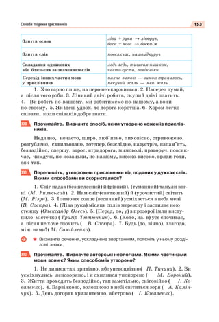 153Способи творення прислівників
Злиття основ
ліва + рука → ліворуч,
боса + нога → босоніж
Злиття слів повсякчас, нашвидкуруч
Складання однакових
або близьких за значенням слів
ледь-ледь, тишком-нишком,
часто-густо, повік-віки
Перехід інших частин мови
у прислівники
пахне зимою — зимою трапилось,
пекучий жаль — мені жаль
1. Хто гарно пише, на перо не скаржиться. 2. Наперед думай,
а після того роби. 3. Лінивий двічі робить, скупий двічі платить.
4. Ви робіть по-вашому, ми робитимемо по-нашому, а вони
по-своєму. 5. Як ідеш удвох, то дорога коротша. 6. Хором легко
співати, коли співаків добре знати.
330 Прочитайте. Визначте спосіб, яким утворено кожен із прислів-
ників.
Недавно, нечасто, щиро, люб’язно, лиховісно, стривожено,
розгублено, схвильовано, дотепер, безслідно, назустріч, напам’ять,
безнадійно, спершу, втроє, втридорога, мимоволі, праворуч, повсяк-
час, чимдуж, по-козацьки, по-нашому, високо-високо, вряди-годи,
сяк-так.
331 Перепишіть, утворюючи прислівники від поданих у дужках слів.
Якими способами ви скористалися?
1. Сніг падав (безшелесний) й (рівний), (туманний) танули вог-
ні (М. Рильський). 2. Нам сніг (святковий) й (урочистий) світить
(М. Різун). 3. І зимовеє сонце (весняний) усміхається з неба мені
(В. Сосюра). 4. (Ліва рука) місяць сплів мережку і застилає нею
стежку (Олександр Олесь). 5. (Перед, по, у) з прозорої імли висту-
пило містечко ( Григір Тютюнник). 6. (Коло, на, в) усе спочиває,
а пісня не хоче спочить ( В. Сосюра). 7. Будь (до, вічно), злагодо,
між нами! ( М. Самійленко).
Визначте речення, ускладнене звертанням, поясніть у ньому розді-
лові знаки.
332 Прочитайте. Визначте авторські неологізми. Якими частинами
мови вони є? Яким способом їх утворено?
1. Не дивися так привітно, яблуневоцвітно ( П. Тичина). 2. Ви
усміхнулись яснозоряно, і я схилився упокорено ( М. Вороний).
3. Життя проходить безподійно, так заметільно, сніговійно ( І. Ко-
валенко). 4. Барвінково, волошково в небі світиться зоря ( А. Камін-
чук). 5. День догоряв хризантемно, айстрово ( І. Коваленко).
 