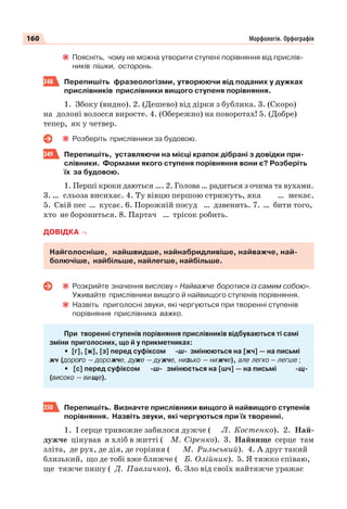 160 Морфологія. Орфографія
Поясніть, чому не можна утворити ступені порівняння від прислів-
ників пішки, осторонь.
348 Перепишіть фразеологізми, утворюючи від поданих у дужках
прислівників прислівники вищого ступеня порівняння.
1. Збоку (видно). 2. (Дешево) від дірки з бублика. 3. (Скоро)
на долоні волосся виросте. 4. (Обережно) на поворотах! 5. (Добре)
тепер, як у четвер.
Розберіть прислівники за будовою.
349 Перепишіть, уставляючи на місці крапок дібрані з довідки при-
слівники. Формами якого ступеня порівняння вони є? Розберіть
їх за будовою.
1. Перші кроки даються …. 2. Голова… радиться з очима та вухами.
3. … сльоза висихає. 4. Ту вівцю першою стрижуть, яка … мекає.
5. Свій пес … кусає. 6. Порожній посуд … дзвенить. 7. … бити того,
хто не борониться. 8. Партач … трісок робить.
ДОВІДКА
Найголосніше, найшвидше, найнабридливіше, найважче, най-
болючіше, найбільше, найлегше, найбільше.
Розкрийте значення вислову « Найважче боротися із самим собою».
Уживайте прислівники вищого й найвищого ступенів порівняння.
Назвіть приголосні звуки, які чергуються при творенні ступенів
порівняння прислівника важко.
При творенні ступенів порівняння прислівників відбуваються ті самі
зміни приголосних, що й у прикметниках:
• [г], [ж], [з] перед суфіксом -ш- змінюються на [жч] — на письмі
жч (дорого — дорожче, дуже — дужче, низько — нижче), але легко — легше ;
• [с] перед суфіксом -ш- змінюється на [шч] — на письмі -щ-
(високо — вище).
350 Перепишіть. Визначте прислівники вищого й найвищого ступенів
порівняння. Назвіть звуки, які чергуються при їх творенні.
1. І серце тривожне забилося дужче ( Л. Костенко). 2. Най-
дужче цінував я хліб в житті ( М. Сіренко). 3. Найвище серце там
зліта, де рух, де дія, де горіння ( М. Рильський). 4. А друг такий
близький, що де тобі вже ближче ( Б. Олійник). 5. Я тяжко співаю,
ще тяжче пишу ( Д. Павличко). 6. Зло від своїх найтяжче уражає
 