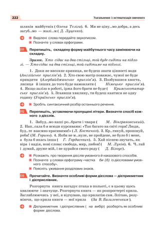222 Узагальнення і систематизація вивченого
шляхів майбутніх ( Олена Теліга). 6. Ми не ціну..мо добра, а десь
загуб..мо — жалі..м ( Д. Луценко).
Виділені слова передайте звукописом.
Позначте у словах орфограми.
511 Перепишіть, складену форму майбутнього часу замінюючи на
складну.
Зразок. Хто сідає на два стільці, той буде сидіти на підло-
зі. — Хто сідає на два стільці, той сидітиме на підлозі.
1. Доки не висохне криниця, не будеш знати цінності води
(Англійське прислів’я). 2. Хто свою матір поважає, чужої не буде
кривдити (Азербайджанське прислів’я). 3. Позбувшися хвоста,
лисиця й інших до того буде намовляти ( Німецьке прислів’я).
4. Якщо залізо в роботі, іржа його брати не буде ( Кримськотатар-
ське прислів’я). 5. Згаявши хвилину, ти будеш каятися не одну
годину (Українське прислів’я).
Зробіть синтаксичний розбір останнього речення.
512 Перепишіть, уставляючи пропущені літери. Визначте спосіб кож-
ного з дієслів.
1. Забуд..мо наші ро..брати і чвари ( М. Вінграновський).
2. Нап..сала б я всюди курсивами: «Так багато на світі горя! Люди,
буд..те взаємно красивими!» ( Л. Костенко). 3. Кр..тикуй, пропонуй,
роби! (М. Горинь). 4. Якби не м..нуле, не пройдене, не було б і мене,
а була б якась інша ( Г. Гордасевич). 5. Хай піснею звучать, як
віра і надія, нові слова: свобода, мир, любов! ( М. Луків). 6. Ч..тай
і думай, друже мій, і не цурайся свого роду ( Д. Білоус).
Розкажіть про творення дієслів умовного й наказового способів.
Позначте у словах орфограму «частка би (б) із дієсловами умов-
ного способу».
Поясніть уживання розділових знаків.
513 Прочитайте. Визначте особливі форми дієслова — дієприкметник
і дієприслівник.
Розгорнута книга нагадує птаха в польоті, є в цьому щось
хвилююче і значуще. Розгорнута книга — як розпростерті крила.
Заглиблюючись у неї, я відчуваю, що крилатію сам. Злітаю, розу-
міючи, що крила книги — мої крила (За В. Базилевським ).
Дієприкметник і дієприслівник ( на вибір) розберіть як особливі
форми дієслова.
 