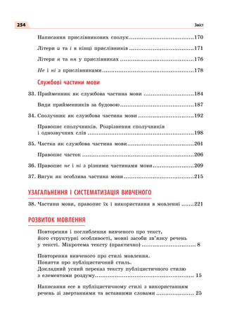 254
	 Написання прислівникових сполук.....................................170
	 Літери и та і в кінці прислівників.....................................171
	 Літери н та нн у прислівниках..........................................176
	 Не і ні з прислівниками....................................................178
	 Службові частини мови
33.	Прийменник як службова частина мови.............................184
	 Види прийменників за будовою..........................................187
34.	Сполучник як службова частина мови................................192
	 Правопис сполучників. Розрізнення сполучників
і однозвучних слів............................................................198
35.	Частка як службова частина мови......................................201
	 Правопис часток...............................................................206
36.	Правопис не і ні з різними частинами мови........................209
37.	Вигук як особлива частина мови........................................215
УЗАГАЛЬНЕННЯ І СИСТЕМАТИЗАЦІЯ ВИВЧЕНОГО
38.	Частини мови, правопис їх і використання в мовленні........221
Розвиток Мовлення
	 Повторення і поглиблення вивченого про текст,
його структурні особливості, мовні засоби зв’язку речень
у тексті. Мікротема тексту (практично)............................... 8
	 Повторення вивченого про стилі мовлення.
Поняття про публіцистичний стиль.
Докладний усний переказ тексту публіцистичного стилю
з елементами роздуму........................................................ 15
	 Написання есе в публіцистичному стилі з використанням
речень зі звертаннями та вставними словами...................... 25
Зміст
 