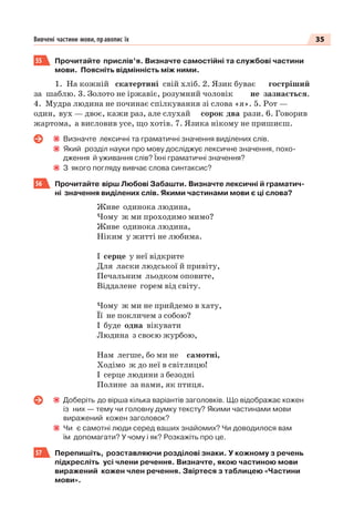 35Вивчені частини мови, правопис їх
55 Прочитайте прислів’я. Визначте самостійні та службові частини
мови. Поясніть відмінність між ними.
1. На кожній скатертині свій хліб. 2. Язик буває гостріший
за шаблю. 3. Золото не іржавіє, розумний чоловік не зазнається.
4. Мудра людина не починає спілкування зі слова «я». 5. Рот —
один, вух — двоє, кажи раз, але слухай сорок два рази. 6. Говорив
жартома, а висловив усе, що хотів. 7. Язика нікому не пришиєш.
Визначте лексичні та граматичні значення виділених слів.
Який розділ науки про мову досліджує лексичне значення, похо-
дження й уживання слів? Їхні граматичні значення?
З якого погляду вивчає слова синтаксис?
56 Прочитайте вірш Любові Забашти. Визначте лексичні й граматич-
ні значення виділених слів. Якими частинами мови є ці слова?
Живе одинока людина,
Чому ж ми проходимо мимо?
Живе одинока людина,
Ніким у житті не любима.
І серце у неї відкрите
Для ласки людської й привіту,
Печальним льодком оповите,
Віддалене горем від світу.
Чому ж ми не прийдемо в хату,
Її не покличем з собою?
І буде одна вікувати
Людина з своєю журбою,
Нам легше, бо ми не самотні,
Ходімо ж до неї в світлицю!
І серце людини з безодні
Полине за нами, як птиця.
Доберіть до вірша кілька варіантів заголовків. Що відображає кожен
із них — тему чи головну думку тексту? Якими частинами мови
виражений кожен заголовок?
Чи є самотні люди серед ваших знайомих? Чи доводилося вам
їм допомагати? У чому і як? Розкажіть про це.
57 Перепишіть, розставляючи розділові знаки. У кожному з речень
підкресліть усі члени речення. Визначте, якою частиною мови
виражений кожен член речення. Звіртеся з таблицею «Частини
мови».
 