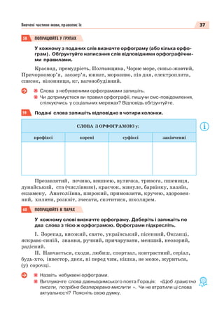 37Вивчені частини мови, правопис їх
58 ПОПРАЦЮЙТЕ У ГРУПАХ
У кожному з поданих слів визначте орфограму (або кілька орфо-
грам). Обґрунтуйте написання слів відповідними орфографічни-
ми правилами.
Краєвид, премудрість, Полтавщина, Чорне море, синьо-жовтий,
Причорномор’я, заозер’я, юннат, морозиво, пів дня, електроплита,
список, віконниця, кг, вагонобудівний.
Слова з небуквеними орфограмами запишіть.
Чи дотримуєтеся ви правил орфографії, пишучи смс-повідомлення,
спілкуючись у соціальних мережах? Відповідь обґрунтуйте.
59 Подані слова запишіть відповідно в чотири колонки.
СЛОВА З ОРФОГРАМОЮ у:
префіксі корені суфіксі закінченні
Презавзятий, печиво, вишнею, вуличка, тривога, пшениця,
дунайський, ста (числівник), краєчок, минуле, барвінку, хазяїн,
екзамену, Анатоліївна, широкий, примовляти, кручею, здоровен-
ний, хилити, розквіт, зчесати, скотитися, школярем.
60 ПОПРАЦЮЙТЕ В ПАРАХ
У кожному слові визначте орфограму. Доберіть і запишіть по
два слова з тією ж орфограмою. Орфограми підкресліть.
І. Зорепад, високий, свято, український, пісенний, Оксанці,
яскраво-синій, знання, ручний, причарувати, менший, неозорий,
радісний.
ІІ. Навчається, сходи, любиш, спортзал, контрастний, серіал,
будь-хто, інвестор, диск, ні перед чим, кішка, не може, журиться,
(у) сорочці.
Назвіть небуквені орфограми.
Витлумачте слова давньоримського поета Горація: «Щоб грамотно
писати, потрібно безперервно мислити ». Чи не втратили ці слова
актуальності? Поясніть свою думку.
 