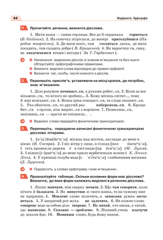 44 Морфологія. Орфографія
71 Прочитайте речення, визначте дієслова.
1. Мати наша — сивая горлиця. Все до її серденька горнеться
(Б. Олійник). 2. На сонечку зігрієшся, до матері приголубишся (На-
родна творчість). 3. Де мати посіє, там стелиться ласка, де мати
посадить, там сходить добро ( В. Крищенко). 4. Як виростеш ти, сину,
не лякатимешся втоми і негоди ( За Г. Гордасевич ).
Написання виділених дієслів зі знаком м’якшення та без нього
обґрунтуйте орфографічними правилами.
Вимовте виділені слова відповідно до правил орфоепії.
Визначте час, особу, число кожного з дієслів.
72 Перепишіть прислів’я, уставляючи на місці крапок, де потрібно,
знак м’якшення.
1. Діло розумом починаєт..ся, а руками робит..ся. 2. Коли за все
візьмеш..ся, то нічого не зробиш… 3. Кому місяць світит.., тому
й зорі всміхают..ся. 4. Всяка іржа очищаєт..ся, та сліди лишают..ся.
5. Раз обпечеш..ся, то другий раз побережеш..ся. 6. Краще
бит..ся з орлом, ніж мирит..ся з вороном. 7. Помилиш..ся,
запізниш..ся — щастя не спізнаєш.. .
Виділені слова передайте фонетичною транскрипцією.
73 Перепишіть, передаючи записані фонетичною транскрипцією
дієслова літерами.
1. [п'ід'іймàйеи
ц':а] місяць над містом, заглядає до мене в
вікно (В. Сосюра). 2. І віє вітер у лице, в гілках [пол îшчеи
ц':а].
І геть промокле деревц å в світлицю [пр îсие
ц':а] (М. Луків).
3. І ніжно [г îрнеи
ц':а] до мене крило вербиченьки зелене ( К. Лесьєв-
Лесь). 4. У криниці голуба вода [с 'в'³тие
ц':а] глибинними вогнями
(Д. Луценко).
Підкресліть у словах орфограму «знак м’якшення».
74 Проаналізуйте таблицю. Скільки основних форм має дієслово?
Визначте, до яких форм належать виділені в реченнях дієслова.
1. Ліпше мовчати, ніж сварку почати. 2. Що там говорити, коли
нічого й балакати. 3. Як випустиш зі свого язика, то на чужому вже
не вдержиш. 4. Мовлене слово полетить, а записана думка зоста-
неться. 5. У закритий рот муха не залетить. 6. Не кожне слово
говорене веде за собою діло творене. 7. Не питай, хто писав, а читай,
що написано. 8. Сказано — зроблено. 9. Лінивий учень плачучи
до школи йде. 10. Мовивши слово, будь йому паном.
 