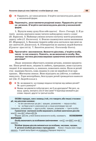 49Неозначена форма дієслова (інфінітив) та особові форми діє слова
Підкресліть усі члени речення. З’ясуйте синтаксичну роль дієслів
у неозначеній формі.
85 Перепишіть, розставляючи розділові знаки. Підкресліть усі чле-
ни речення. З’ясуйте синтаксичну роль дієслів у неозначеній
формі.
1. Відчути живу душу біля себе щастя ( Олесь Гончар). 2. Я до
твоїх долонь вертаюся мамо читати наймудрішу книгу з книг
(В. Баранов). 3. Найвище уміння почати спочатку життя розуміння
дорогу себе (Л. Костенко). 4. Вчасно схаменутися закон виживання
(О. Шарварок). 5. Бажання творити добрі діла зосталося при мені на
все життя (О. Довженко). 6. З Інтернетом не знатися людей боятися
(Сучасне прислів’я). 7. Захотіти досягти ( Олександр Олесь).
86 Прочитайте висловлення. Визначте дієслова, з’ясуйте особу,
число та час кожного. Поясніть, як ви визначаєте особу. Яка
значуща частина дієслова виражає граматичне значення особи
дієслова?
Люди невпинно обростають новими речами, новими предмета-
ми. Поки речей мало, людина їх любить, прикрашає, вони слугують
людині й не заважають, а, навпаки, помагають жити. Коли ж речей
стає надмірно багато, сама людина їх уже не виробляє й не при-
крашає. Мистецтво зникає. Воно відходить на узбіччя, в глибини
минулого. Гори непотрібних, безглуздих речей громадяться навколо
неї (За П. Загребельним ).
Як ви вважаєте, чи справді людина потерпає від зайвих речей?
Як цього уникнути?
Якими ви уявляєте побутові речі, які б не дратували? Які речі, на
вашу думку, милують око й чим саме? У відповіді вживайте діє-
слова першої, другої та третьої особи.
ОСОБА передає, ким є мовець (той, хто говорить або пише) стосовно
дії, яку дієслово називає:
• чи він сам виконує цю дію ( працюю, розмовляю — перша особа);
• чи не бере участі у виконанні дії, а лише розповідає про неї
(працюєш, розмовляєш — друга особа; працює, розмовляє — третя особа).
Граматичне значення особи виражають особові закінчення дієслів:
мож у , пиш еш , збира ють ся.
Форми дієслів, у яких можна визначити особу, називають ОСОБОВИМИ
ФОРМАМИ.
Особу визначають за особовими закінченнями: каж у , каж емо , каж еш ,
каж уть .
Особові форми дієслів змінюються за особами, числами, часами.
У реченні особові дієслова є присудками: Кожна пташка своє гніздо
хвалить. У чужій пасіці бджіл не розведеш (Народна творчість).
 