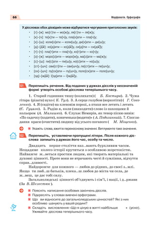 66 Морфологія. Орфографія
У дієсловах обох дієвідмін може відбуватися чергування приголосних звуків:
• [г]–[ж]: мо[г]ти — мо[ж]у, ля[г]ти — ля[ж]у;
• [к]–[ч]: те[к]ти — те[ч]у, пла[к]ати — пла[ч]у;
• [х]–[ш]: коли[х]ати — коли[ш]у, ди[х]ати — ди[ш]у;
• [д]–[дж]: хо[д]ити — хо[дж]у, си[д]іти — си[дж]у;
• [т]–[ч]: пла[т]ити — пла[ч]у, ко[т]ити — ко[ч]у;
• [з]–[ж]: моро[з]ити — моро[ж]у, мa[з]ати — ма[ж]у;
• [с]–[ш]: пи[с]ати — пи[ш]у, но[с]ити — но[ш]у;
• [ст]–[шч]: сви[ст]іти — сви[шч]у, пе[ст]ити — пе[шч]у;
• [ск]–[шч]: пу[ск]ати — пу[шч]у, поло[ск]ати — поло[шч]у;
• [зд]–[ждж]: ї[зд]ити — ї[ждж]у.
121 Перепишіть речення. Від поданих у дужках дієслів у неозначеній
формі утворіть особові дієслова теперішнього часу.
1. Старий годинник тишу (колихати) ( Б. Костиря). 2. Чужа
гітара (різати) вухо ( К. Туз). 3. А серце голубом (воркотіти) ( Г. Соко-
ленко). 4. Я (сидіти) на кленовім порозі, а птахи все летять і летять
(Є. Гуцало). 5. Радію я, коли (знаходити) слово із пахощами й
кольором (А. Малишко). 6. Слухає Немирів, як тенор пісню вивів:
«По садочку (ходити), кониченька (водити)» ( А. Подолинний). 7. Спогля-
дання краси (очистити) людину від усього поганого ( М. Міщенко).
Укажіть слова, вжиті в переносному значенні. Витлумачте таке значення.
122 Перепишіть, уставляючи пропущені літери. Після кожного діє-
слова запишіть у дужках його час, особу та число.
Двадцять перше століття наз..вають бурхливим часом.
Нещадиме колесо історії крутиться з особливою жорстокістю.
Найважче ж..веться простим людям, які творять матеріальні та
духовні цінності. Проте вони не втрачають честі й сумління, відчуття
справ..дливості.
Найдорожче для кожного — любов до рідних, до своєї з..млі.
Якщо ти люб..ш батьків, плека..ш любов до міста чи села, де
ж..веш, це дає тобі силу.
Загальнолюдські цінності об’єднують і сім’ї, і нації, і д..ржави
(За В. Шелестюк ).
Поясніть написання особових закінчень дієслів.
Підкресліть у словах вивчені орфограми.
Що ви відносите до загальнолюдських цінностей? Які з них
особливо шанують у вашій родині?
Складіть висловлення «Що я ціную в житті найбільше » (усно).
Уживайте дієслова теперішнього часу.
 