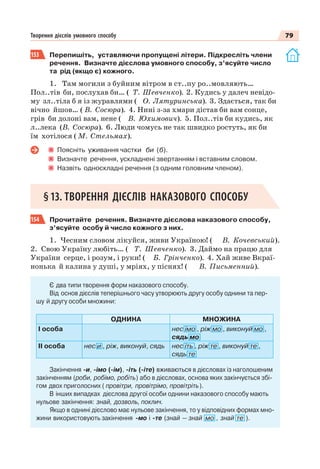 79Творення дієслів умовного способу
153 Перепишіть, уставляючи пропущені літери. Підкресліть члени
речення. Визначте дієслова умовного способу, з’ясуйте число
та рід (якщо є) кожного.
1. Там могили з буйним вітром в ст..пу ро..мовляють…
Пол..тів би, послухав би… ( Т. Шевченко). 2. Кудись у далеч невідо-
му зл..тіла б я із журавлями ( О. Лятуринська). 3. Здається, так би
вічно йшов… ( В. Сосюра). 4. Нині з-за хмари дістав би вам сонце,
грів би долоні вам, нене ( В. Юхимович). 5. Пол..тів би кудись, як
л..лека (В. Сосюра). 6. Люди чомусь не так швидко ростуть, як би
їм хотілося ( М. Стельмах).
Поясніть уживання частки би (б).
Визначте речення, ускладнені звертанням і вставним словом.
Назвіть односкладні речення (з одним головним членом).
§13. ТВОРЕННЯ ДІЄСЛІВ НАКАЗОВОГО СПОСОБУ
154 Прочитайте речення. Визначте дієслова наказового способу,
з’ясуйте особу й число кожного з них.
1. Чесним словом лікуйся, живи Україною! ( В. Кочевський).
2. Свою Україну любіть… ( Т. Шевченко). 3. Даймо на працю для
України серце, і розум, і руки! ( Б. Грінченко). 4. Хай живе Вкраї-
нонька й калина у душі, у мріях, у піснях! ( В. Письменний).
Є два типи творення форм наказового способу.
Від основ дієслів теперішнього часу утворюють другу особу однини та пер-
шу й другу особи множини:
ОДНИНА МНОЖИНА
І особа нес імо , ріж мо , виконуй мо ,
сядь мо
ІІ особа нес и , ріж, виконуй, сядь нес іть , ріж те , виконуй те ,
сядь те
Закінчення -и, -імо (-ім), -іть (-іте) вживаються в дієсловах із наголошеним
закінченням (роби, робімо, робіть) або в дієсловах, основа яких закінчується збі-
гом двох приголосних ( провітри, провітрімо, провітріть).
В інших випадках дієслова другої особи однини наказового способу мають
нульове закінчення: знай, дозволь, поклич.
Якщо в однині дієслово має нульове закінчення, то у відповідних формах мно-
жини використовують закінчення -мо і -те (знай — знай мо , знай те ).
 