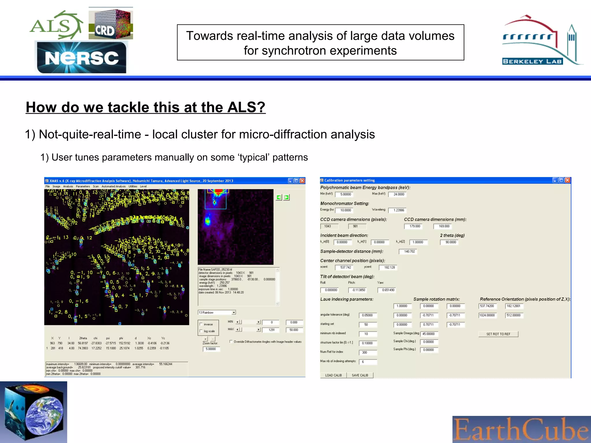 Towards real-time analysis of large data volumes
for synchrotron experiments

How do we tackle this at the ALS?
1) Not-quite-real-time - local cluster for micro-diffraction analysis
1) User tunes parameters manually on some ‘typical’ patterns

 