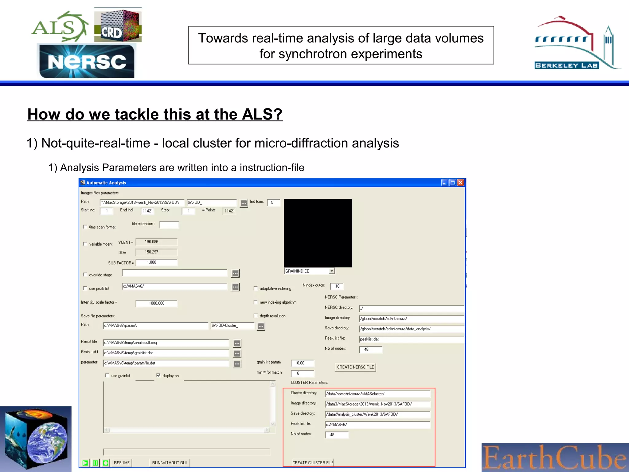 Towards real-time analysis of large data volumes
for synchrotron experiments

How do we tackle this at the ALS?
1) Not-quite-real-time - local cluster for micro-diffraction analysis
1) Analysis Parameters are written into a instruction-file

 