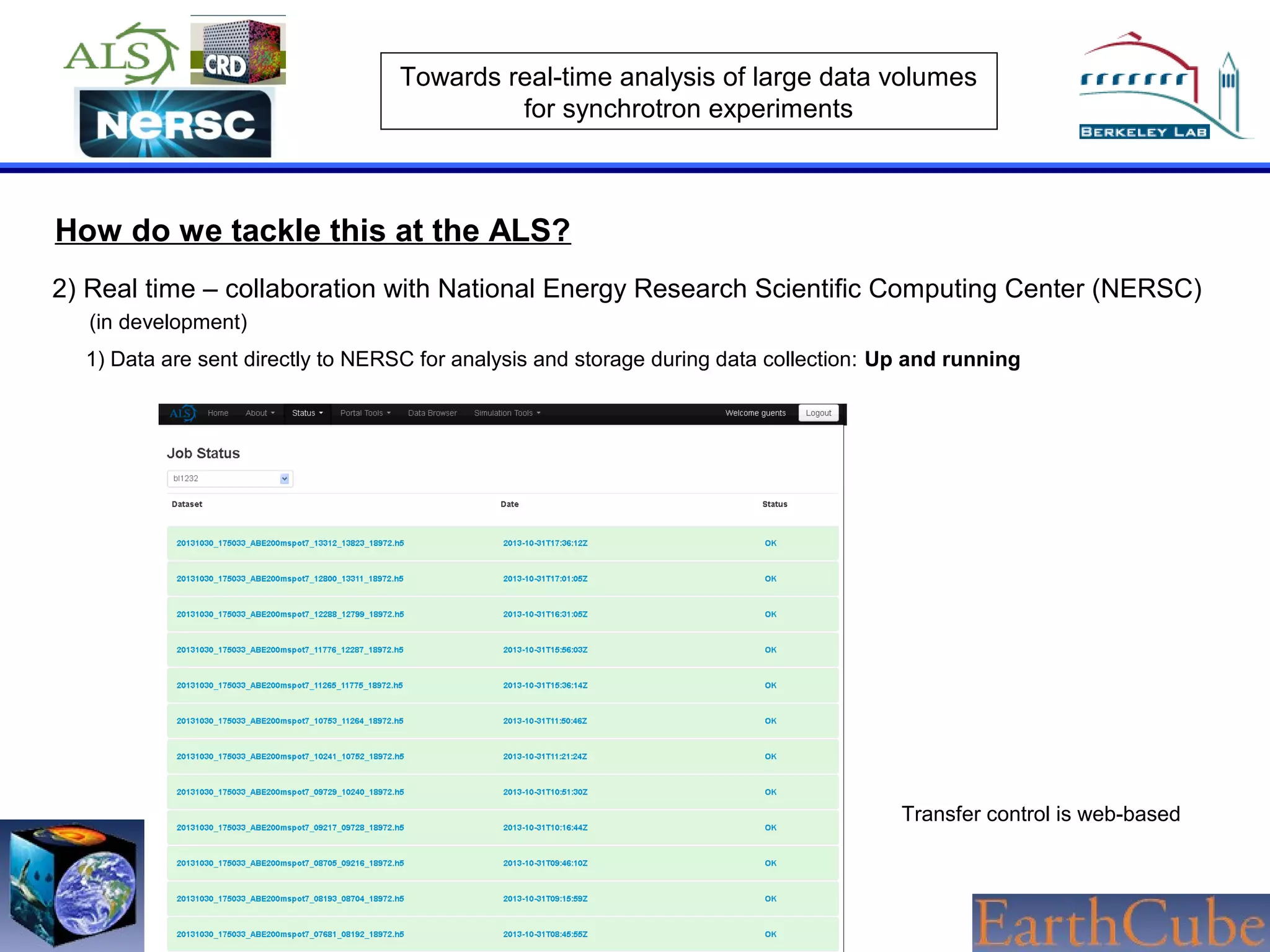 Towards real-time analysis of large data volumes
for synchrotron experiments

How do we tackle this at the ALS?
2) Real time – collaboration with National Energy Research Scientific Computing Center (NERSC)
(in development)
1) Data are sent directly to NERSC for analysis and storage during data collection: Up and running

Transfer control is web-based

 