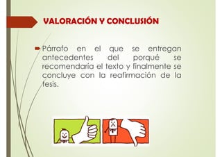 VALORACIÓN Y CONCLUSIÓN
Párrafo en el que se entregan
antecedentes del porqué se
recomendaría el texto y finalmente se
concluye con la reafirmación de la
tesis.
 