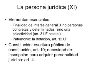 La persona jurídica (XI)
• Elementos esenciales:
– Finalidad de interés general no personas
concretas y determinadas, sino una
colectividad (art. 3 LF estatal)
– Patrimonio: la dotación, art. 12 LF
• Constitución: escritura pública de
constitución, art. 10; necesidad de
inscripción para adquirir personalidad
jurídica: art. 4
 