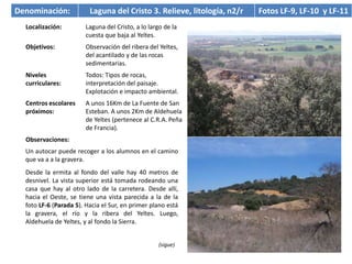 Denominación:            Laguna del Cristo 3. Relieve, litología, n2/r   Fotos LF-9, LF-10 y LF-11
  Localización:         Laguna del Cristo, a lo largo de la
                        cuesta que baja al Yeltes.
  Objetivos:            Observación del ribera del Yeltes,
                        del acantilado y de las rocas
                        sedimentarias.
  Niveles               Todos: Tipos de rocas,
  curriculares:         interpretación del paisaje.
                        Explotación e impacto ambiental.
  Centros escolares     A unos 16Km de La Fuente de San
  próximos:             Esteban. A unos 2Km de Aldehuela
                        de Yeltes (pertenece al C.R.A. Peña
                        de Francia).
  Observaciones:
  Un autocar puede recoger a los alumnos en el camino
  que va a a la gravera.
  Desde la ermita al fondo del valle hay 40 metros de
  desnivel. La vista superior está tomada rodeando una
  casa que hay al otro lado de la carretera. Desde allí,
  hacia el Oeste, se tiene una vista parecida a la de la
  foto LF-6 (Parada 5). Hacia el Sur, en primer plano está
  la gravera, el río y la ribera del Yeltes. Luego,
  Aldehuela de Yeltes, y al fondo la Sierra.


                                                    (sigue)
 