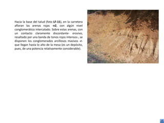 Hacia la base del talud (foto LF-11), en la carretera
afloran las arenas rojas -n2, con algún nivel
conglomerático intercalado. Sobre estas arenas, con
un contacto claramente discordante- erosivo,
resaltado por una banda de tonos rojos intensos-, se
disponen los conglomerados arcillosos masivos -r-
que llegan hasta lo alto de la mesa (es un depósito,
pues, de una potencia relativamente considerable).
 