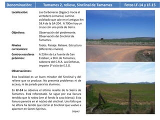 Denominación:              Tamames 2, relieve, Sinclinal de Tamames   Fotos LF-14 y LF-15
  Localización:         Las Carboneras (Sigpac) -hacia el
                        vertedero comarcal, camino
                        asfaltado que sale en el antiguo Km
                        58.4 de la SA-204 . A 700m hay un
                        cruce con una pista de tierra.
  Objetivos:            Observación del piedemonte.
                        Observación del Sinclinal de
                        Tamames.
  Niveles               Todos. Paisaje. Relieve. Estructura
  curriculares:         (diferentes niveles).
  Centros escolares     A 23Km de La Fuente de San
  próximos:             Esteban, a 3Km de Tamames,
                        cabecera del C.R.A. Las Dehesas,
                        imparte 1º ciclo de E.S.O.
  Observaciones:
  Esta localidad es un buen mirador del Sinclinal y del
  relieve que se produce. No presenta problemas ni de
  acceso, ni de parada para los alumnos.
  En LF-14 se observa el último resalte de la Sierra de
  Tamames. Está reforestado. Se sigue por esa llanura
  tendida que lo rodea (ver al fondo la casa blanca). Esta
  llanura penetra en el núcleo del sinclinal. Una falla que
  no aflora ha tenido que cortar el Sinclinal que vuelve a
  aparecer en Sancti-Spiritus.
                                                   (sigue)
 