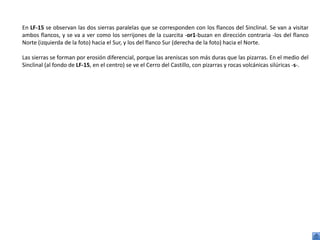 En LF-15 se observan las dos sierras paralelas que se corresponden con los flancos del Sinclinal. Se van a visitar
ambos flancos, y se va a ver como los serrijones de la cuarcita -or1-buzan en dirección contraria -los del flanco
Norte (izquierda de la foto) hacia el Sur, y los del flanco Sur (derecha de la foto) hacia el Norte.

Las sierras se forman por erosión diferencial, porque las areniscas son más duras que las pizarras. En el medio del
Sinclinal (al fondo de LF-15, en el centro) se ve el Cerro del Castillo, con pizarras y rocas volcánicas silúricas -s-.
 