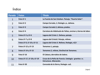 Índice
Parada   Fotos                        Título
  1      Foto LF-1                    La Fuente de San Esteban. Paisaje, “Huerto Solar”.

  2      Foto LF-2                    Campo Cerrado, 1; litología -p-, dehesa.

  3      Foto LF-3                    Campo Cerrado 2, dehesa, prados.

  4      Foto LF-4                    Carretera de Aldehuela de Yeltes, encinar y tierras de labor.

  5      Fotos LF-5 y LF-6            Laguna del Cristo 1. Dehesa, paisaje.

  6      Fotos LF-7 y LF-8            Laguna del Cristo2. Paisaje, relieve.
         Fotos LF-9, LF-10 y LF-11    Laguna del Cristo 3. Relieve, litología, n2/r

  7      Fotos LF-12 y LF-13          Tamames 1, paisaje.

  8      Fotos LF-14 y LF-15          Tamames 2, relieve, Sinclinal de Tamames.

  9      Foto LF-16                   El Cabaco, derrubios de ladera.

  10     Fotos LF-17, LF-18 y LF-19   Cruce de la Peña de Francia. Litología: -granitos -a-.
                                      Estructura. Alteración.
  11     Foto LF-20                   Cereceda de la Sierra, litología -ca2.

                                                                                               (sigue)
 