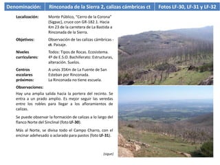 Denominación:         Rinconada de la Sierra 2, calizas cámbricas ct   Fotos LF-30, LF-31 y LF-32
   Localización:     Monte Público, “Cerro de la Corona”
                     (Sigpac), cruce con GR-182.1. Hacia
                     Km 23 de la carretera de La Bastida a
                     Rinconada de la Sierra.
   Objetivos:        Observación de las calizas cámbricas -
                     ct. Paisaje.
   Niveles           Todos: Tipos de Rocas. Ecosistema.
   curriculares:     4º de E.S.O. Bachillerato: Estructuras,
                     alteración. Suelos.
   Centros           A unos 35Km de La Fuente de San
   escolares         Esteban por Rinconada.
   próximos:         La Rinconada no tiene escuela.
   Observaciones:
   Hay una amplia salida hacia la portera del recinto. Se
   entra a un prado amplio. Es mejor seguir las veredas
   entre los robles para llegar a los afloramientos de
   calizas.
   Se puede observar la formación de calizas a lo largo del
   flanco Norte del Sinclinal (foto LF-30).
   Más al Norte, se divisa todo el Campo Charro, con el
   encinar adehesado o aclarado para pastos (foto LF-31).



                                                      (sigue)
 