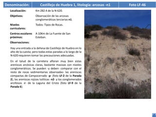 Denominación:              Castillejo de Huebra 1, litología: arcosas -n1   Foto LF-46
  Localización:        Km 282.4 de la N-620.
  Objetivos:           Observación de las arcosas
                       conglomeráticas terciarias n1.
  Niveles              Todos: Tipos de Rocas.
  curriculares:
  Centros escolares    A 10Km de La Fuente de San
  próximos:            Esteban.
  Observaciones:
  Hay una entrada a la dehesa de Castillejo de Huebra en lo
  alto de la cuesta; pero todas estas paradas a lo largo de la
  N-620 requieren tomar las precauciones adecuadas.
  En el talud de la carretera afloran muy bien estas
  areniscas arcósicas claras, bastante masivas con niveles
  conglomeráticos. Se pueden -y deben- comparar con el
  resto de rocas sedimentarias observadas: las areniscas
  compactas de Campocerrado -p- (foto LF-2 de la Parada
  2), las areniscas rojizas lutíticas -n2- y los conglomerados
  arcillosos -r- de la Laguna del Cristo (foto LF-9 de la
  Parada 6).
 