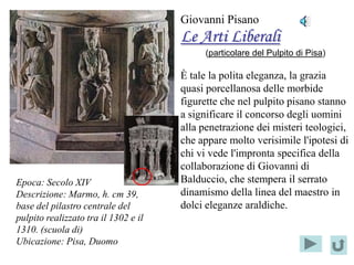 Giovanni Pisano
                                               Le Arti Liberali
                                                    (particolare del Pulpito di Pisa)

                                               È tale la polita eleganza, la grazia
                                               quasi porcellanosa delle morbide
                                               figurette che nel pulpito pisano stanno
                                               a significare il concorso degli uomini
                              Localizzazione   alla penetrazione dei misteri teologici,
                                      del      che appare molto verisimile l'ipotesi di
                              PARTICOLARE      chi vi vede l'impronta specifica della
                                               collaborazione di Giovanni di
Epoca: Secolo XIV                              Balduccio, che stempera il serrato
Descrizione: Marmo, h. cm 39,                  dinamismo della linea del maestro in
base del pilastro centrale del                 dolci eleganze araldiche.
pulpito realizzato tra il 1302 e il
1310. (scuola di)
Ubicazione: Pisa, Duomo
 