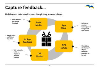 Capture feedback…
Mobile users hate to call – even though they are on a phone.

      • Core channel
        for mobile
        feedback                       Social                      • Difficult to
                                       Media               App       monitor
                                                                   • Can respond in
                                                          Store      Google with
                                                                     right access


• May be more
  useful than
  App Store                  In App
                            Feedback
                                                           NPS     • Should be a
                                                          Survey     standard part
        • Will not suffer                                            of your
          as big an                                                  reporting
          impact as                     Call                       • Available on
          desktop                                                    log out
          changes
                                       Centre



                                                10
 