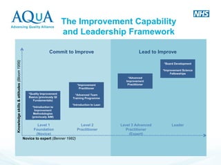 The Improvement Capability and Leadership Framework 
Novice to expert (Benner 1982) 
Knowledge skills & attitudes (Bloom 1956) 
Commit to Improve 
Lead to Improve 
*Quality Improvement Basics (previously QI Fundamentals) 
*Introduction to Improvement Methodologies (previously AIM) 
*Improvement Practitioner 
*Advanced Team Training Programme 
*Introduction to Lean 
*Advanced Improvement Practitioner 
*Board Development 
*Improvement Science Fellowships 
Level 1 Foundation (Novice) 
Level 2 
Practitioner 
Level 3 Advanced Practitioner (Expert) 
Leader  