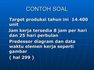 CONTOH SOAL Target produksi tahun ini  14.400 unit Jam kerja tersedia 8 jam per hari dan 25 hari perbulan Predessor diagram dan data waktu elemen kerja seperti gambar  ( hal 299 ) 