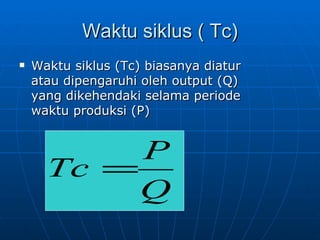 Waktu siklus ( Tc) Waktu siklus (Tc) biasanya diatur atau dipengaruhi oleh output (Q) yang dikehendaki selama periode waktu produksi (P) 