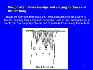 Mine in Colorado
operates production
until 4.500t / h,
reaching 22.700t /
day in a coal seam
thickness of 1.07m.
The power cutter has
cutting 1.100kW,
moving from 8 to 12
m / min along the
face.
Longwall: examples
Prof. Dr. H.Z. Harraz Presentation
Caving methods
32
 