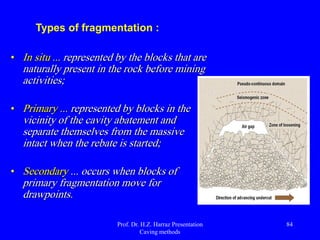 Basic issues of geomechanical to the black caving method:
1) Caveability
2) Mine design
3) Fragmentation and extraction control
4) Subsidence associated
Prof. Dr. H.Z. Harraz Presentation
Caving methods
84
 