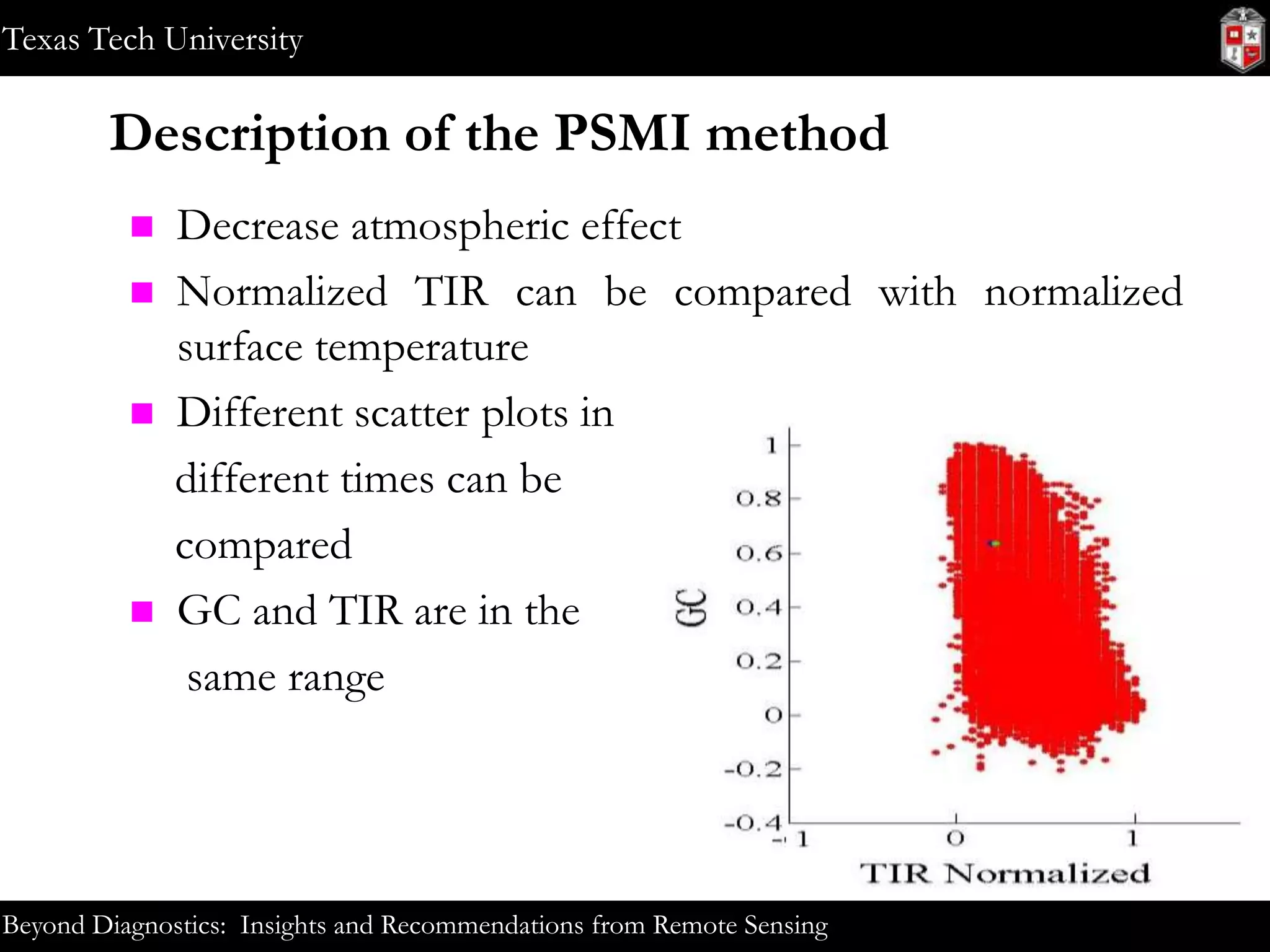 Texas Tech University

Description of the PSMI method






Decrease atmospheric effect
Normalized TIR can be compared with normalized
surface temperature
Different scatter plots in
different times can be
compared
GC and TIR are in the
same range

Beyond Diagnostics: Insights and Recommendations from Remote Sensing

 