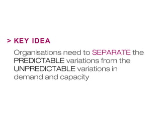 > KEY IDEA 
Organisations need to SEPARATE the 
PREDICTABLE variations from the 
UNPREDICTABLE variations in 
demand and capacity 
 